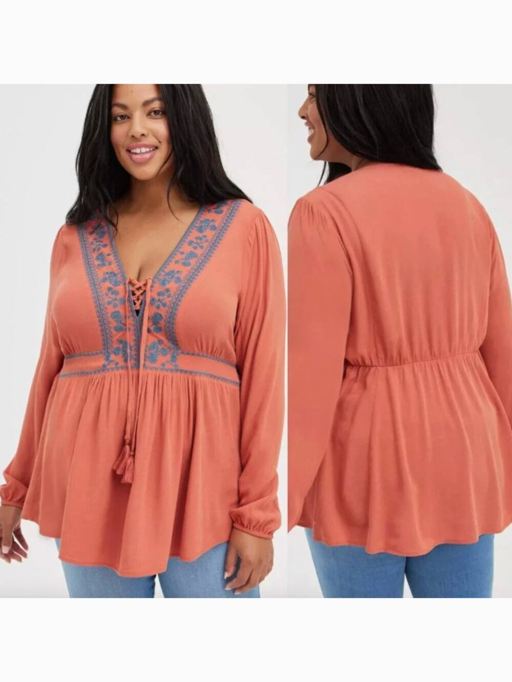 TORRID 2 Plus Size Babydoll Rayon Crepe Embroidered Lace Up Top Rust Orange Red